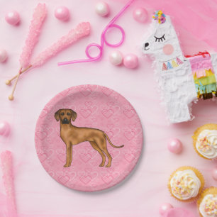 Rhodesian Ridgeback Dog Love Heart Pattern Pink Paper Plate