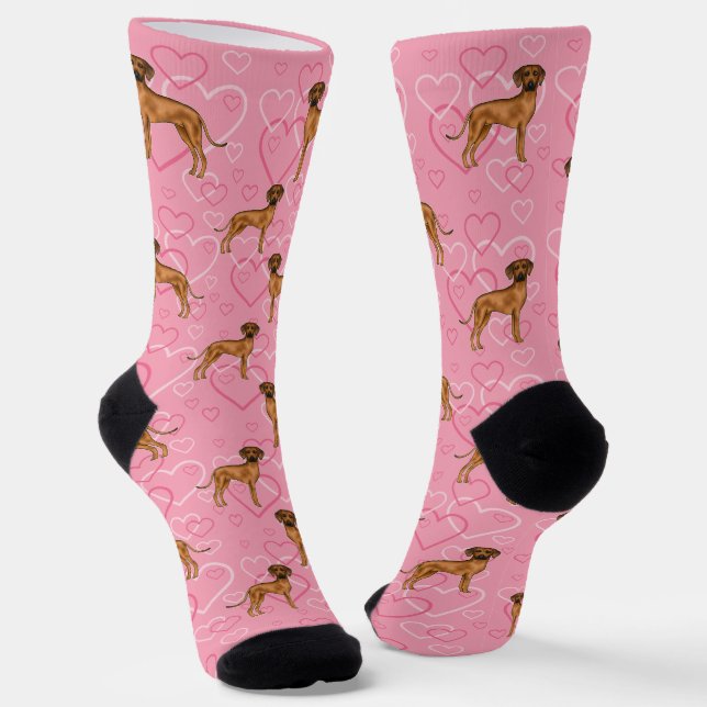 Rhodesian Ridgeback Dog Love Heart Pattern Pink Socks (Angled)