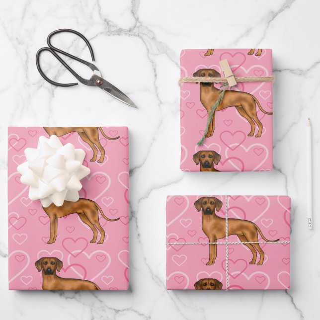 Rhodesian Ridgeback Dog Love Heart Pattern Pink Wrapping Paper Sheet (Front)