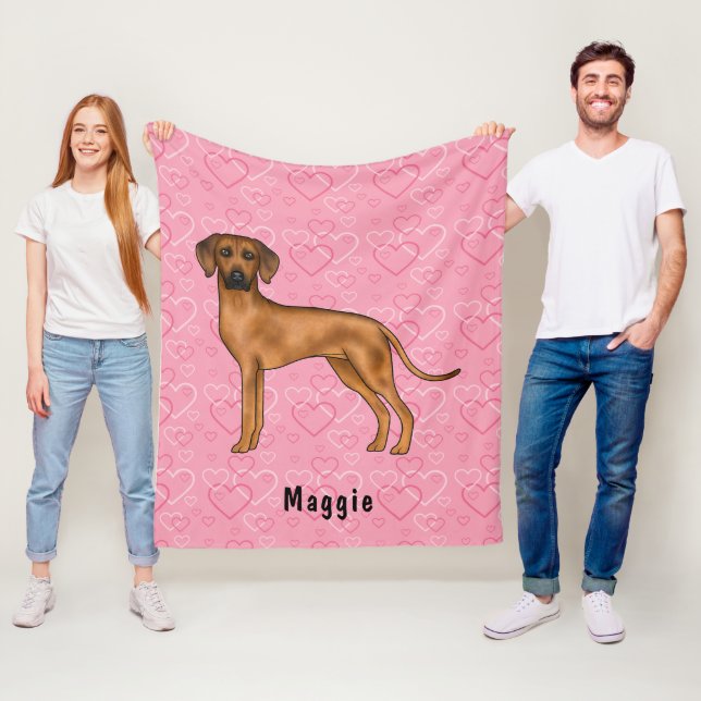 Rhodesian Ridgeback Dog On Pink Hearts With Name Fleece Blanket (In Situ)