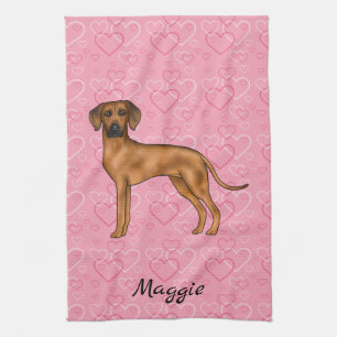 Rhodesian Ridgeback Dog On Pink Hearts With Name Kitchen Towel