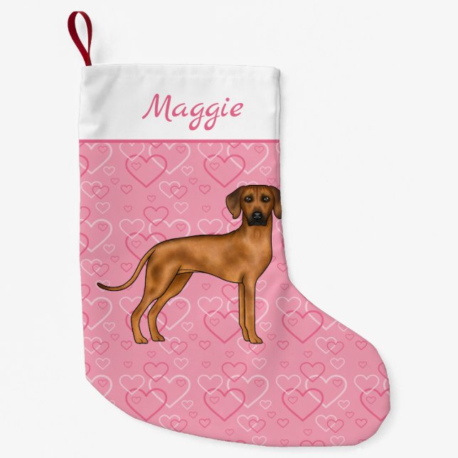 Rhodesian Ridgeback Dog On Pink Hearts With Name Small Christmas Stocking (Front)