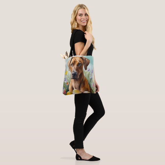 Rhodesian Ridgeback Dog with Easter Eggs Holiday Tote Bag (On Model)