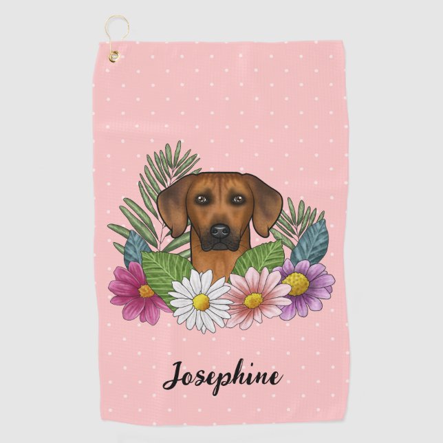 Rhodesian Ridgeback Dog With Flowers And Name Pink Golf Towel (Front)
