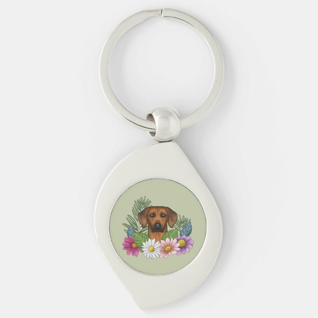 Rhodesian Ridgeback Head Colourful Florals On Gree Keychain (Front)