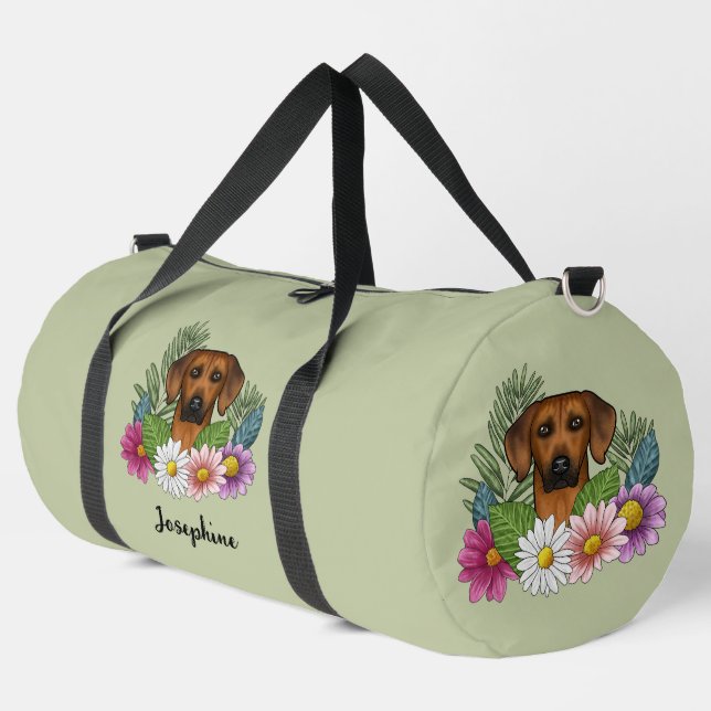 Rhodesian Ridgeback Head Colourful Flowers Green Duffle Bag (Left Corner)