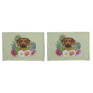Rhodesian Ridgeback Head Colourful Flowers On Gree Pillowcase