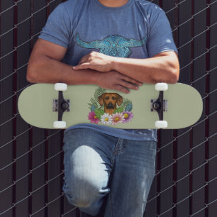 Rhodesian Ridgeback Head Colourful Flowers On Gree Skateboard