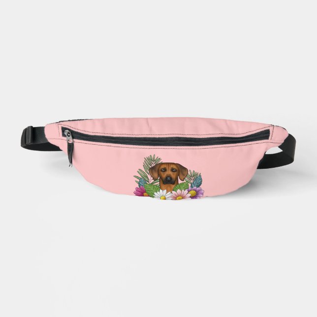 Rhodesian Ridgeback Head Colourful Flowers On Pink Fanny Pack (Front)