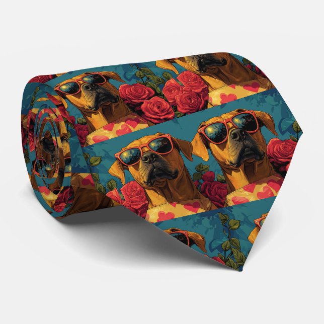 Rhodesian Ridgeback Heart Roses Valentine's Day Tie (Rolled)