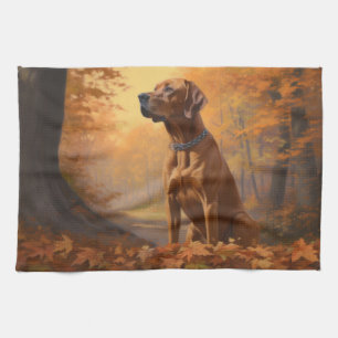 Rhodesian Ridgeback in Autumn Leaves Fall Inspire Kitchen Towel
