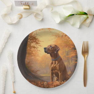 Rhodesian Ridgeback in Autumn Leaves Fall Inspire Paper Plate