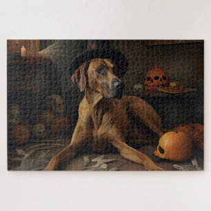 Rhodesian Ridgeback Pumpkins Halloween Scary Jigsaw Puzzle