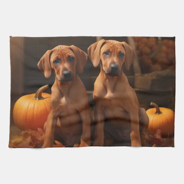 Rhodesian Ridgeback Puppy Autumn Delight Pumpkin  Kitchen Towel (Horizontal)