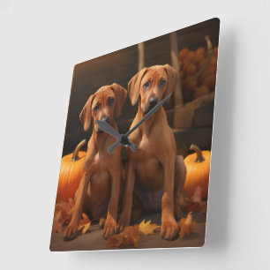 Rhodesian Ridgeback Puppy Autumn Delight Pumpkin Square Wall Clock
