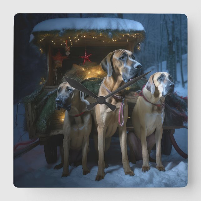 Rhodesian Ridgeback Snowy Sleigh Christmas Decor Square Wall Clock (Front)