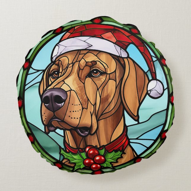 Rhodesian Ridgeback Stained Glass Christmas Round Pillow (Back)