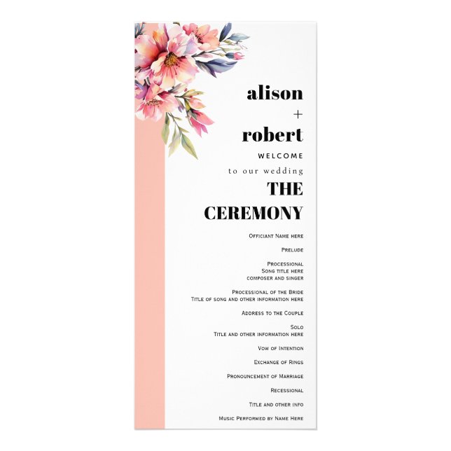 Rhododedron peach-pink flowers wedding program (Front)
