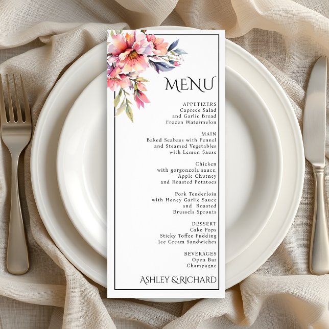 Rhododendron and peach flowers wedding menu card (Creator Uploaded)