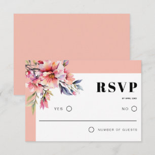 Rhododendron branch and peach pink flowers wedding RSVP card