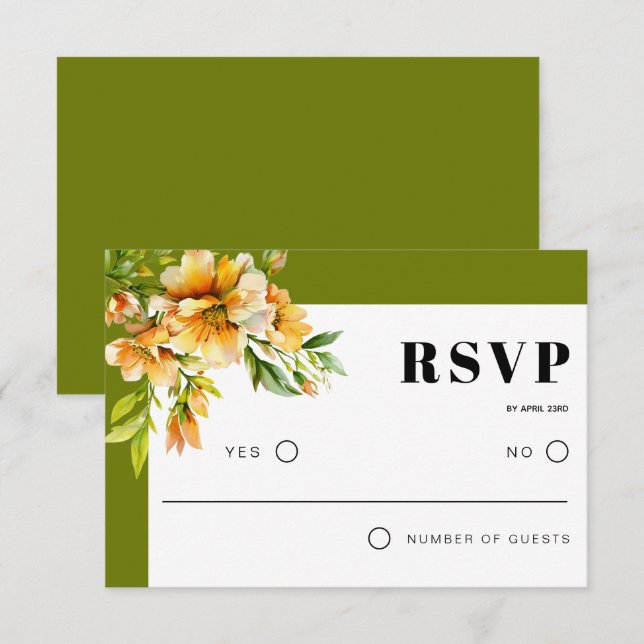 Rhododendron branch, orange yellow flowers wedding RSVP card (Front/Back)