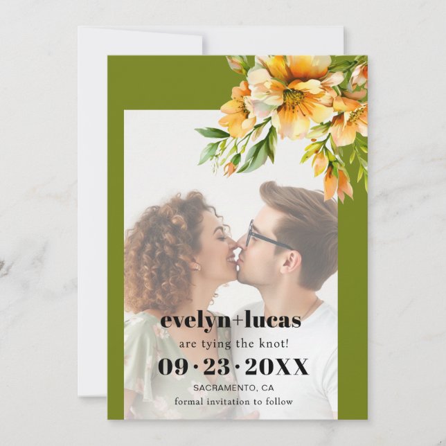 Rhododendron orange yellow flowers photo wedding save the date (Front)
