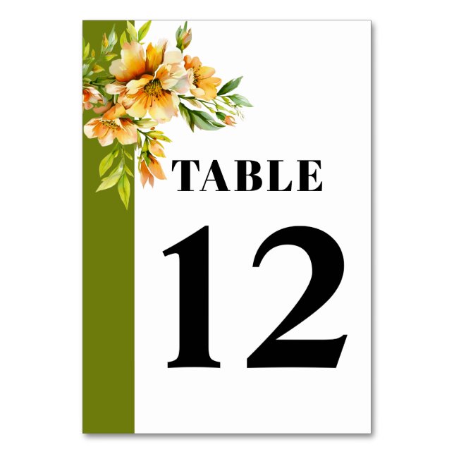 Rhododendron orange yellow flowers wedding table number (Front)