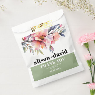 Rhododendron peach-pink flowers typography wedding favour bag
