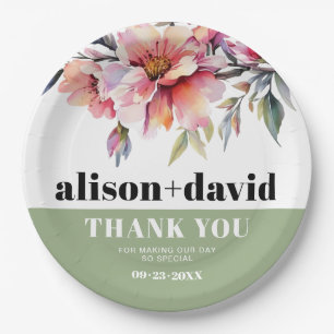 Rhododendron peach-pink flowers typography wedding paper plate
