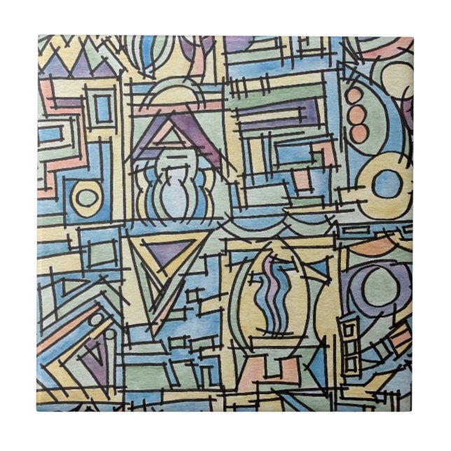 Rhythm In Blue-Hand Painted Modern Geometric Art Tile (Front)
