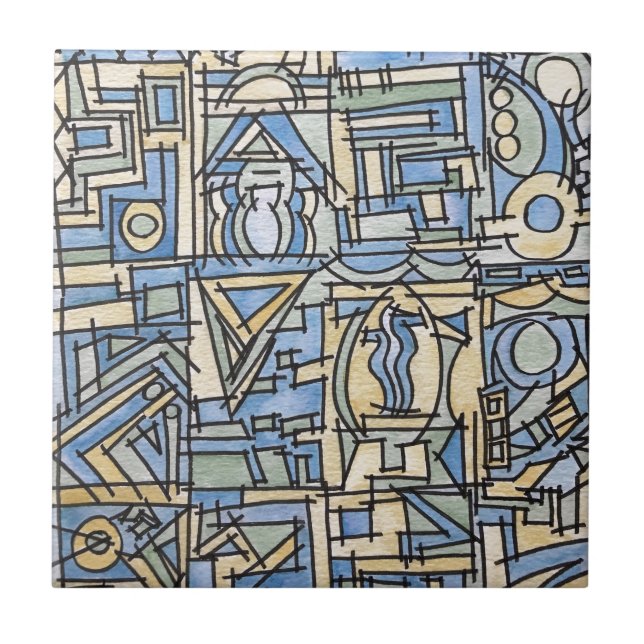 Rhythm In Blue-Modern Bauhaus Geometric Art Tile (Front)