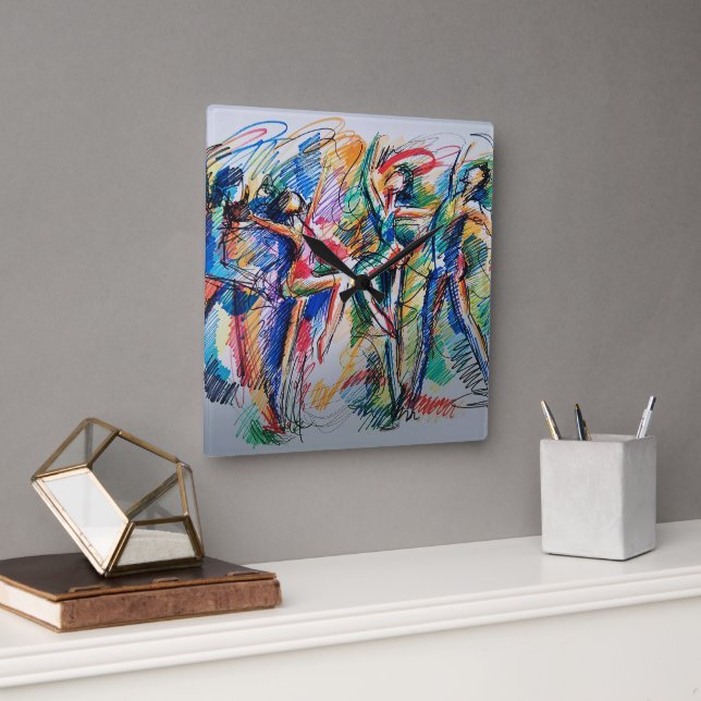 Rhythm of Motion Abstract Dancers Acrylic Wall Clo Square Wall Clock (Office)