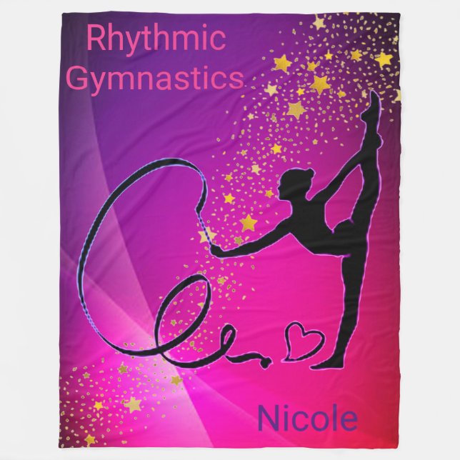 Rhythmic Gymnastics Pink & Purple Gold Stars Fleece Blanket (Front)