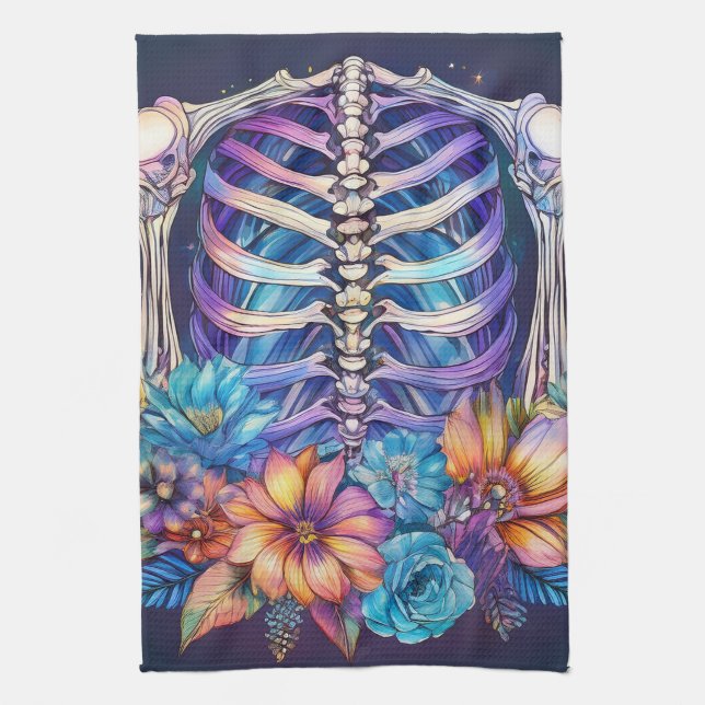 Rib cage and flowers design kitchen towel (Vertical)