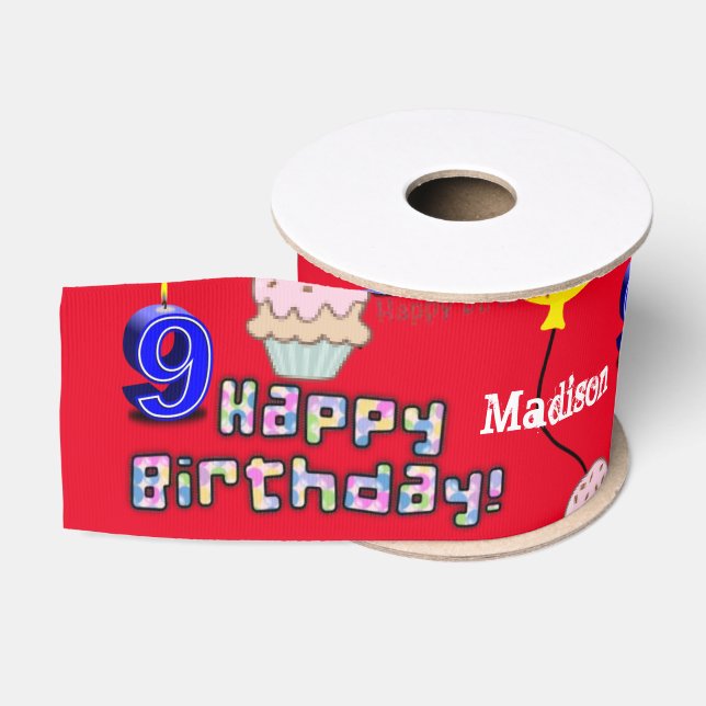 Ribbon, 9 Happy 9th Birthday Ribbon Grosgrain Ribbon (Spool)