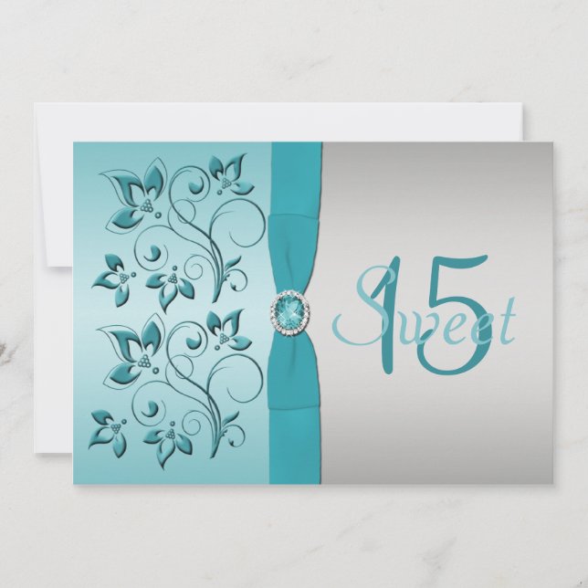 RIBBON Aqua, Invitation de Quinceanera argenté (Devant)