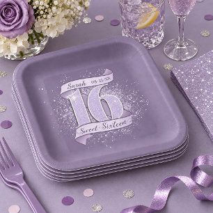 Ribbon Banner Sweet 16 Dk Violet ID1333 Paper Plate