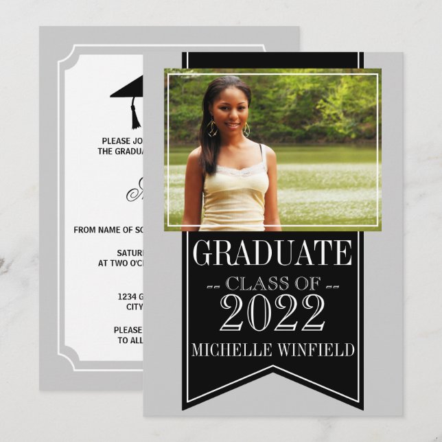Ribbon Black School Colours Photo Graduation Invitation (Front/Back)