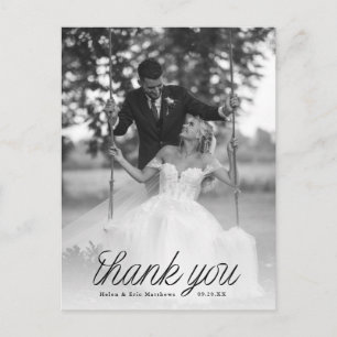 Ribbon Black Script Minimalist Wedding Photo  Postcard