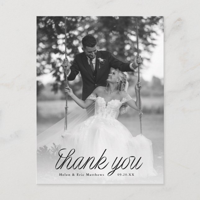 Ribbon Black Script Minimalist Wedding Photo  Postcard (Front)