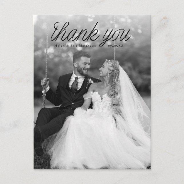 Ribbon Black Script Top Minimalist Wedding Photo  Postcard (Front)