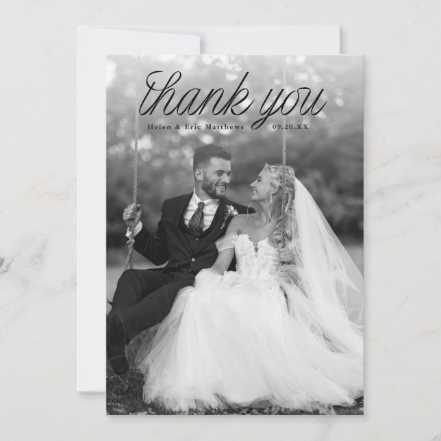 Ribbon Black Script Top Minimalist Wedding Photo  Thank You Card (Front)