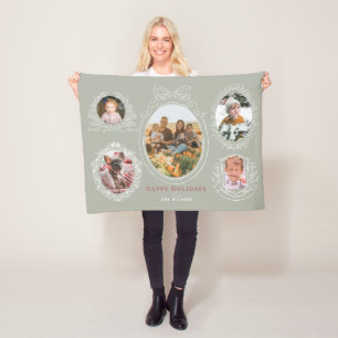 Ribbon & Botanical Frames 5 Photo Olive Christmas Fleece Blanket