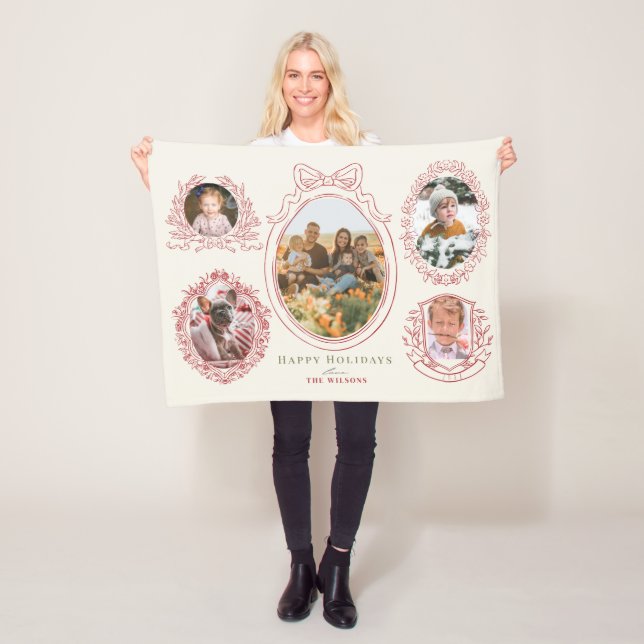Ribbon & Botanical Frames 5 Photo Red Christmas Fleece Blanket (In Situ)