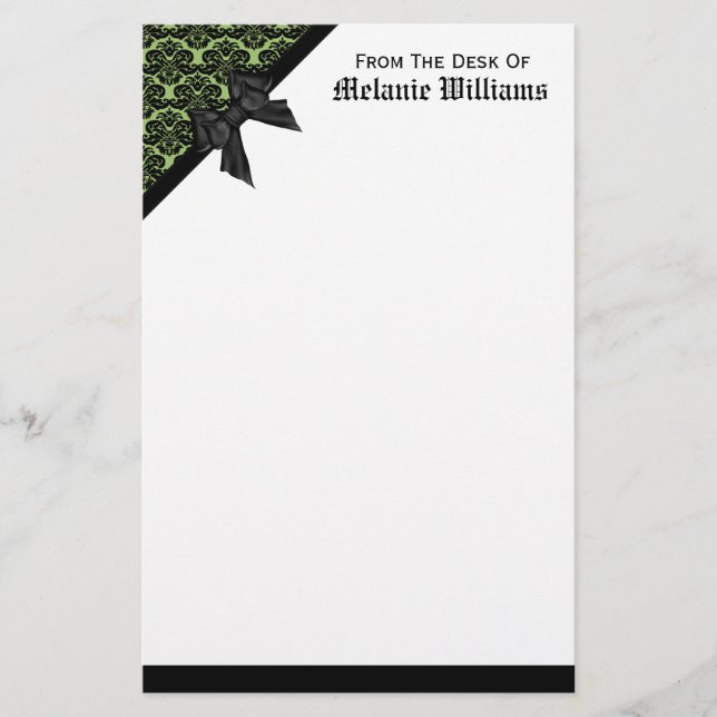 Ribbon Bow Black and Green Damask Stationery (Front)
