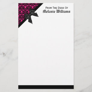 Ribbon Bow Black and Hot Pink Damask Stationery