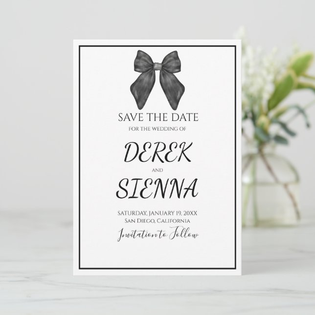 Ribbon Bow Classical Black & White Wedding Save The Date (Standing Front)