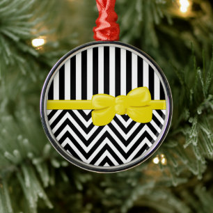 Ribbon, Bow, Zigzag, Stripes - Black White Yellow Metal Ornament