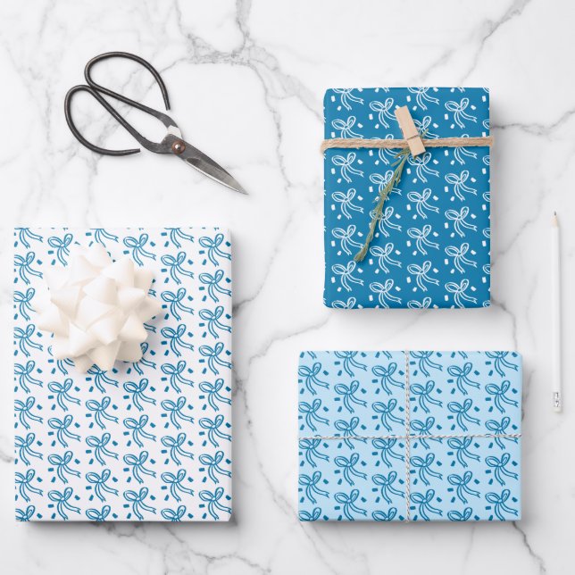 Ribbon Bows Doodle CHRISTMAS HANUKKAH Holiday Blue Wrapping Paper Sheet (Front)