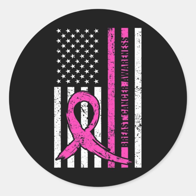 Ribbon Breast Cancer Awareness Month American Flag Classic Round Sticker (Front)